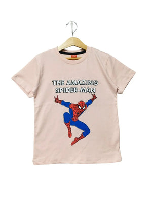 T-shirt with Spider-Man graphic and text on a beige background