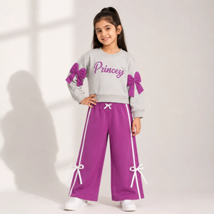 Terry grey and purple bow tracksuit for girls featuring playful bows and comfortable wide-leg pants.