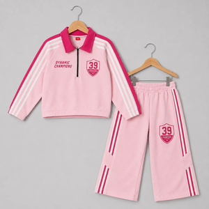 Terry Pink 39 Polo Zip Tracksuit for Girls with zip-up top and wide-leg pants, featuring stripes and logo detail.