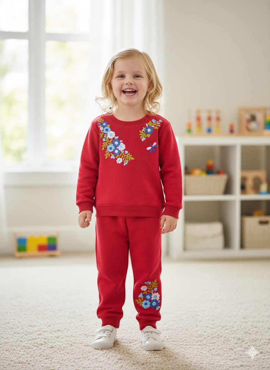 Multi color embroidery red track suit- Girls (R-5)