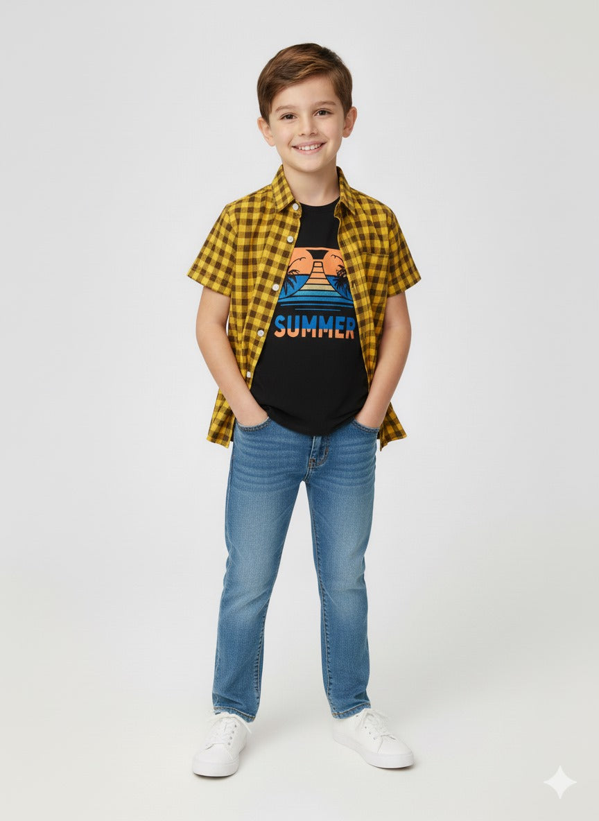Summer Yellow Check Double Causal shirt Boys