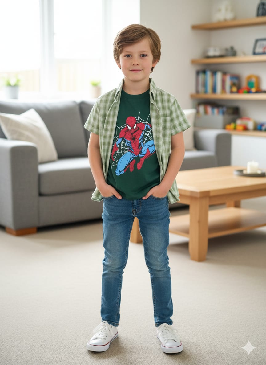 Spiderman Green Check Double Shirt Boys