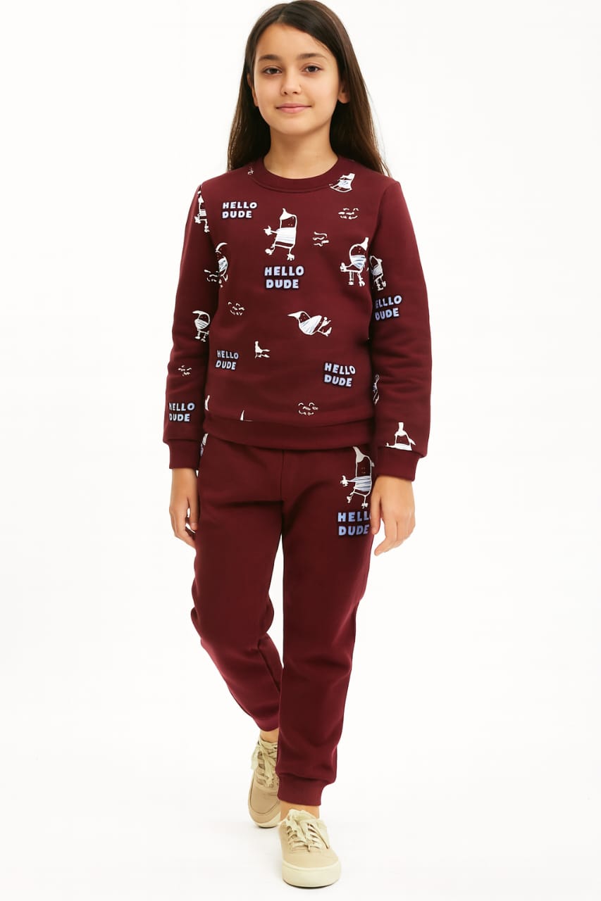 Hello dude mahroon track suit- Girls