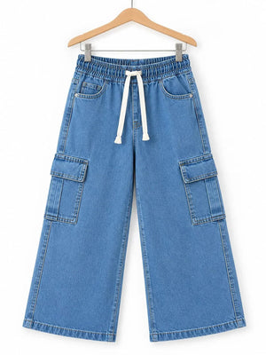 Light blue wide-leg cargo pants with an elastic waistband and white drawstring, hanging on a wooden hanger against a white background.