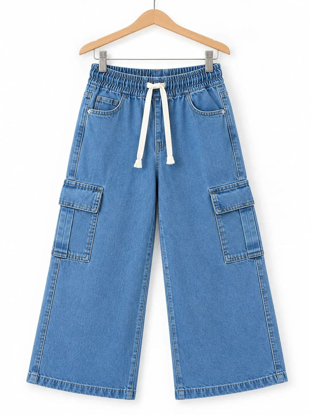 Light blue wide-leg cargo pants with an elastic waistband and white drawstring, hanging on a wooden hanger against a white background.