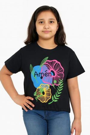 Girl wearing a black t-shirt with colorful floral designs and the word 'Amen' on a white background
