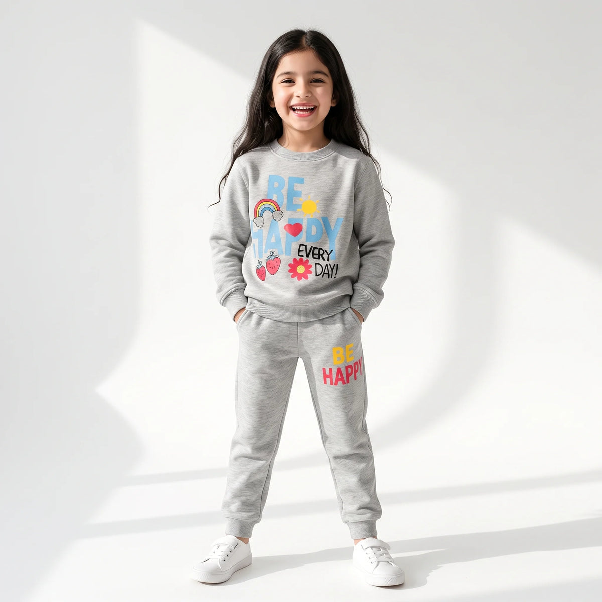 A young girl stands smiling in a studio setting wearing a light gray sweatshirt and matching jogger pants with colorful 'BE HAPPY EVERY DAY' graphics on the front and 'BE HAPPY' on the thigh.