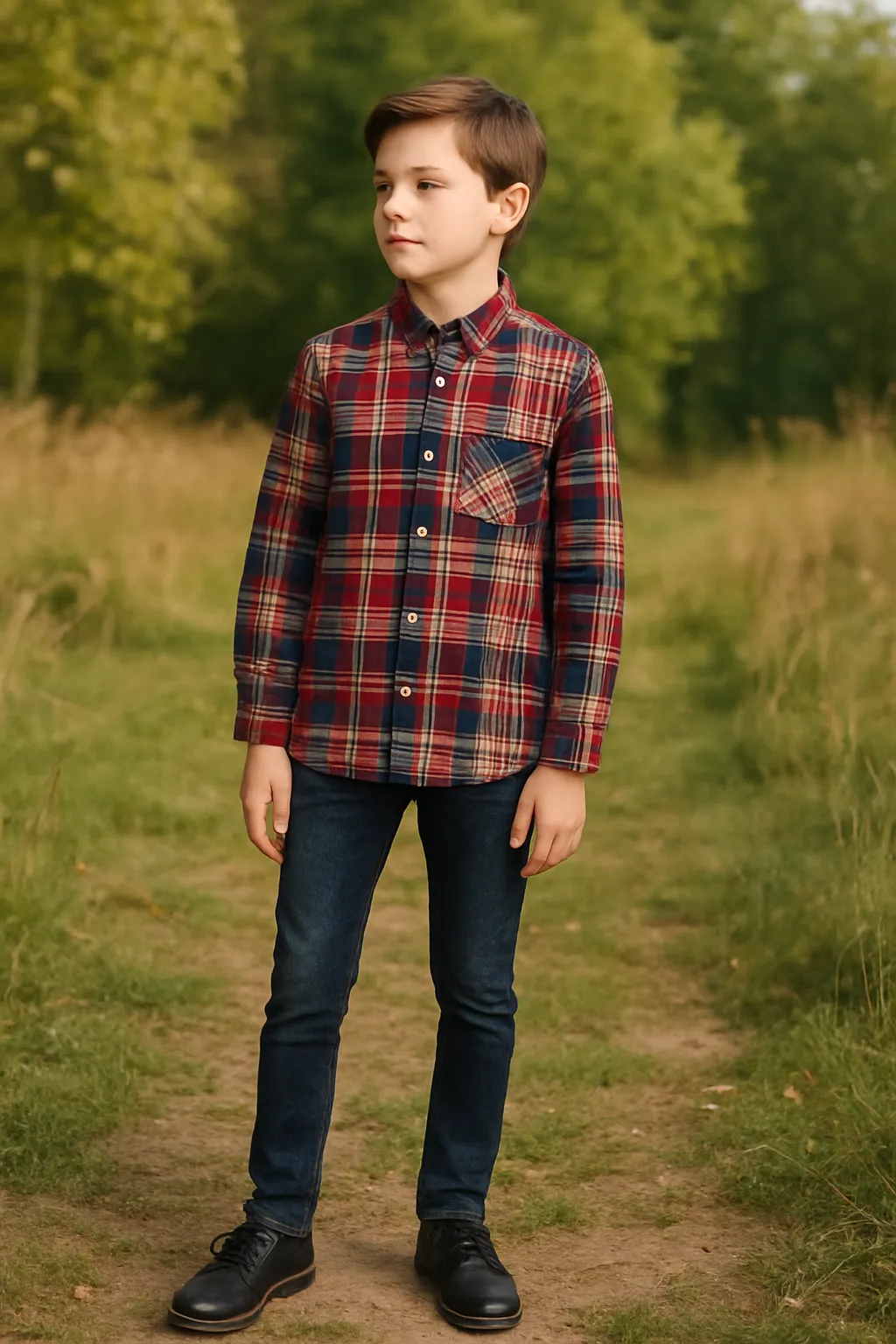 Boys' full sleeve casual shirt in multi-color plaid design, perfect for stylish autumn outings.