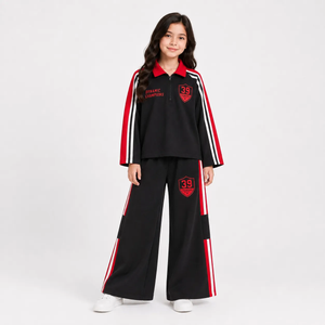 Terry black graphic polo zip tracksuit for girls featuring bold red accents and comfortable wide-leg pants.