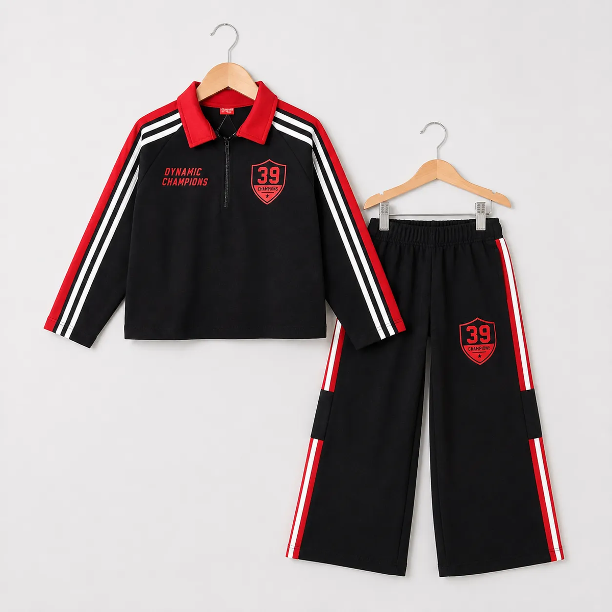 Terry Black Graphic Polo Zip Tracksuit for Girls with red accents and sporty design. Comfortable and stylish.