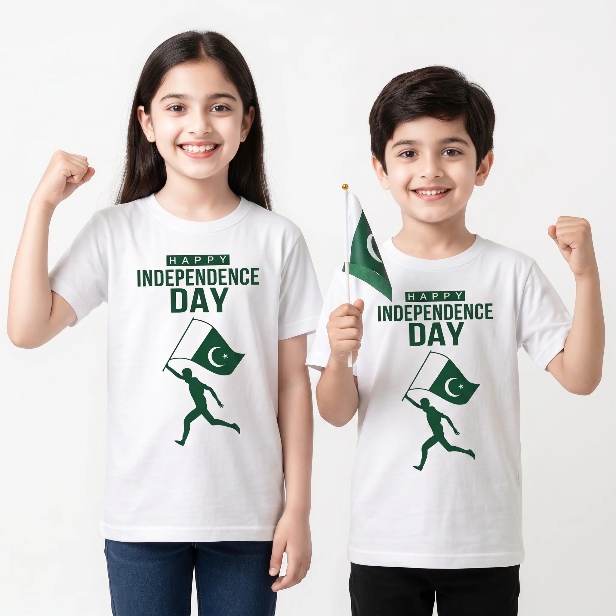 Two children modeling white t-shirts with a green 'HAPPY INDEPENDENCE DAY' graphic and a running figure holding a Pakistan flag. The girl on the left raises her fist, and the boy on the right holds a small Pakistan flag against a plain white background.