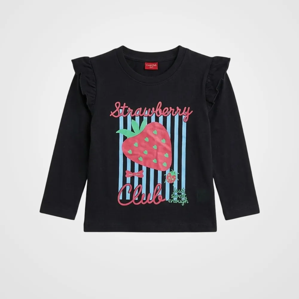 Black Strawberry Graphic Ruffle Full Sleeve T-Shirt for Girls (149N)