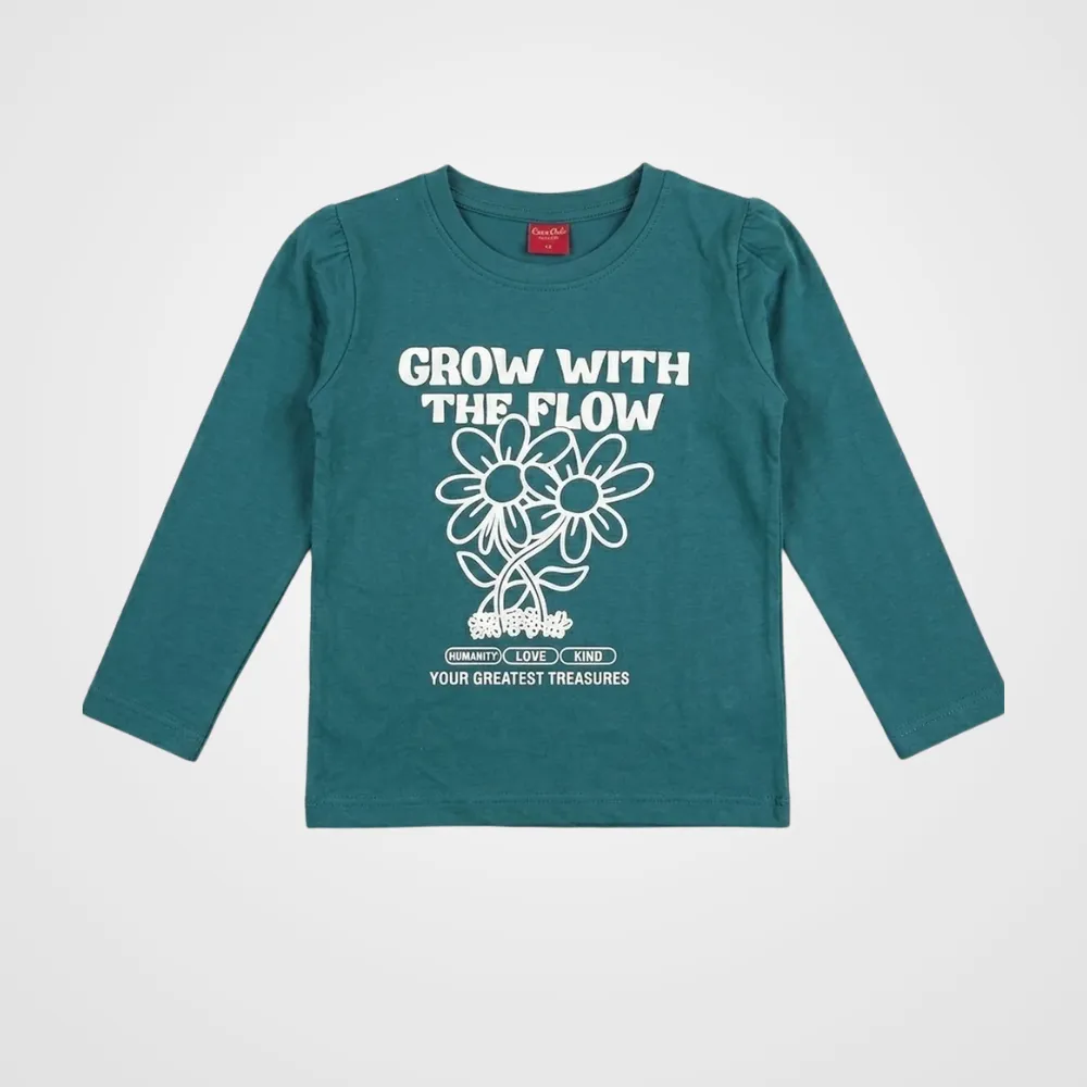Dark Teal Floral Print Full Sleeve T-Shirt for Girls (150N)