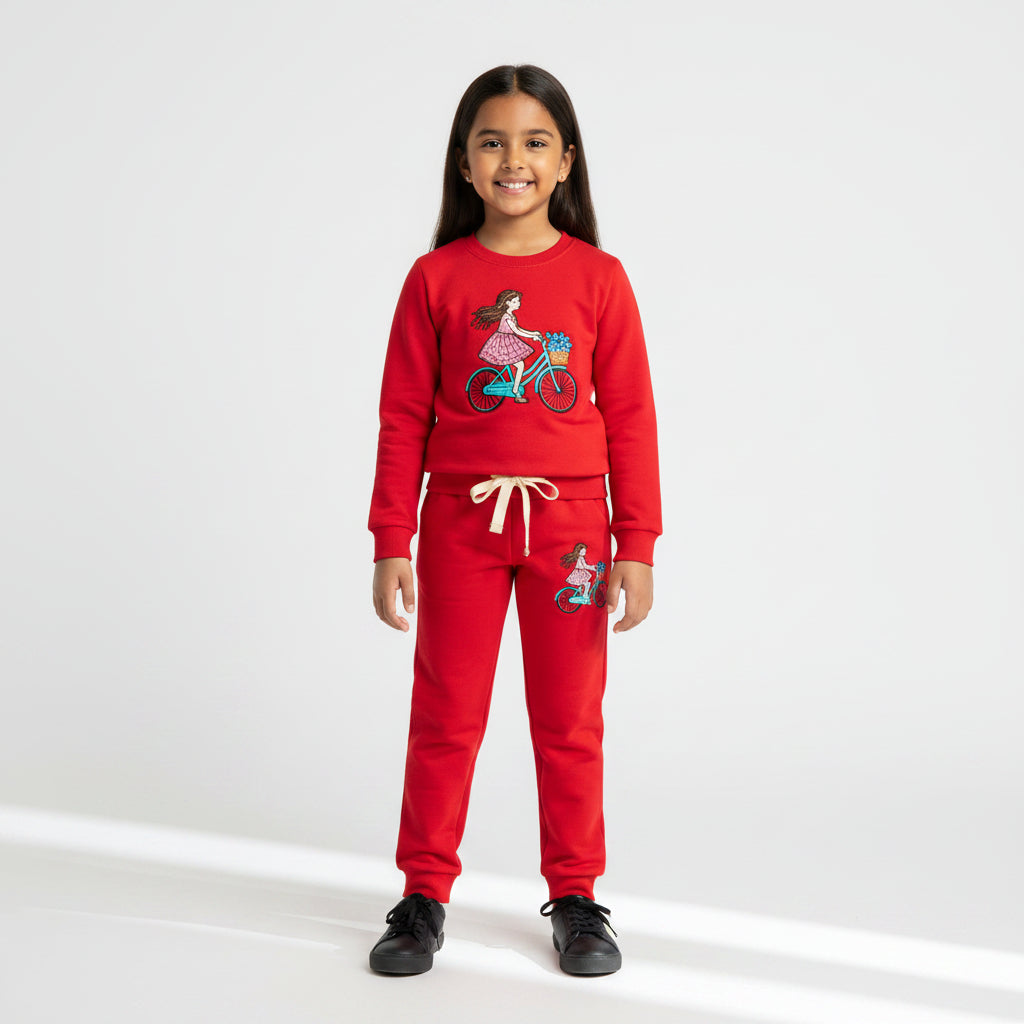 A young girl modeling a red two-piece sweatshirt and jogger pants set with embroidered cartoon bicycle designs, set against a plain white studio background.