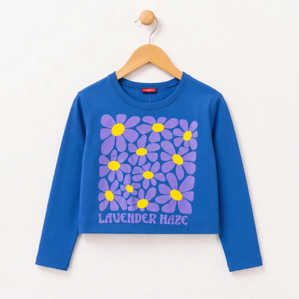 Short Length Purple Sun flower Graphic Full Sleeve Royal Blue T-Shirt Girls ( 165 N)