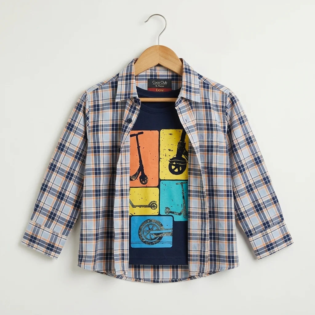 Scooter Print Navy Inner Full Sleeve Double Casual Shirt for Boys (158N)