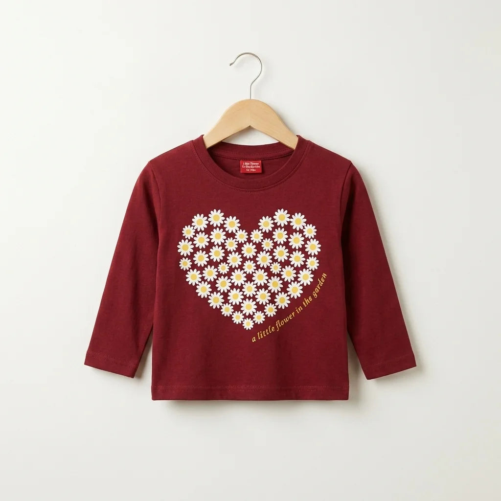 Daisy Heart Graphic Full Sleeve Maroon T-Shirt for Girls (159N)