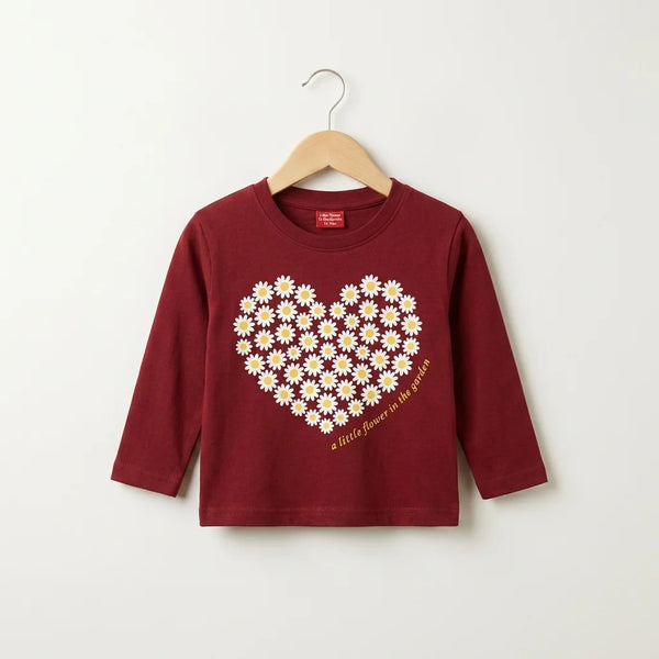 Daisy Heart Graphic Full Sleeve Maroon T-Shirt for Girls (159N)