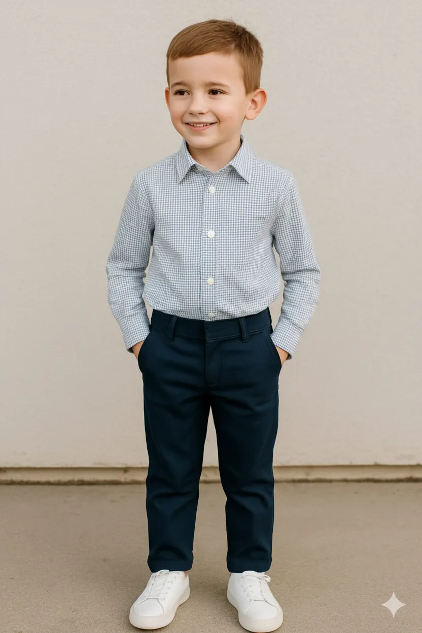 Boy smiling in a silver and black dots full sleeve casual shirt, navy pants, and white sneakers against a neutral background.
