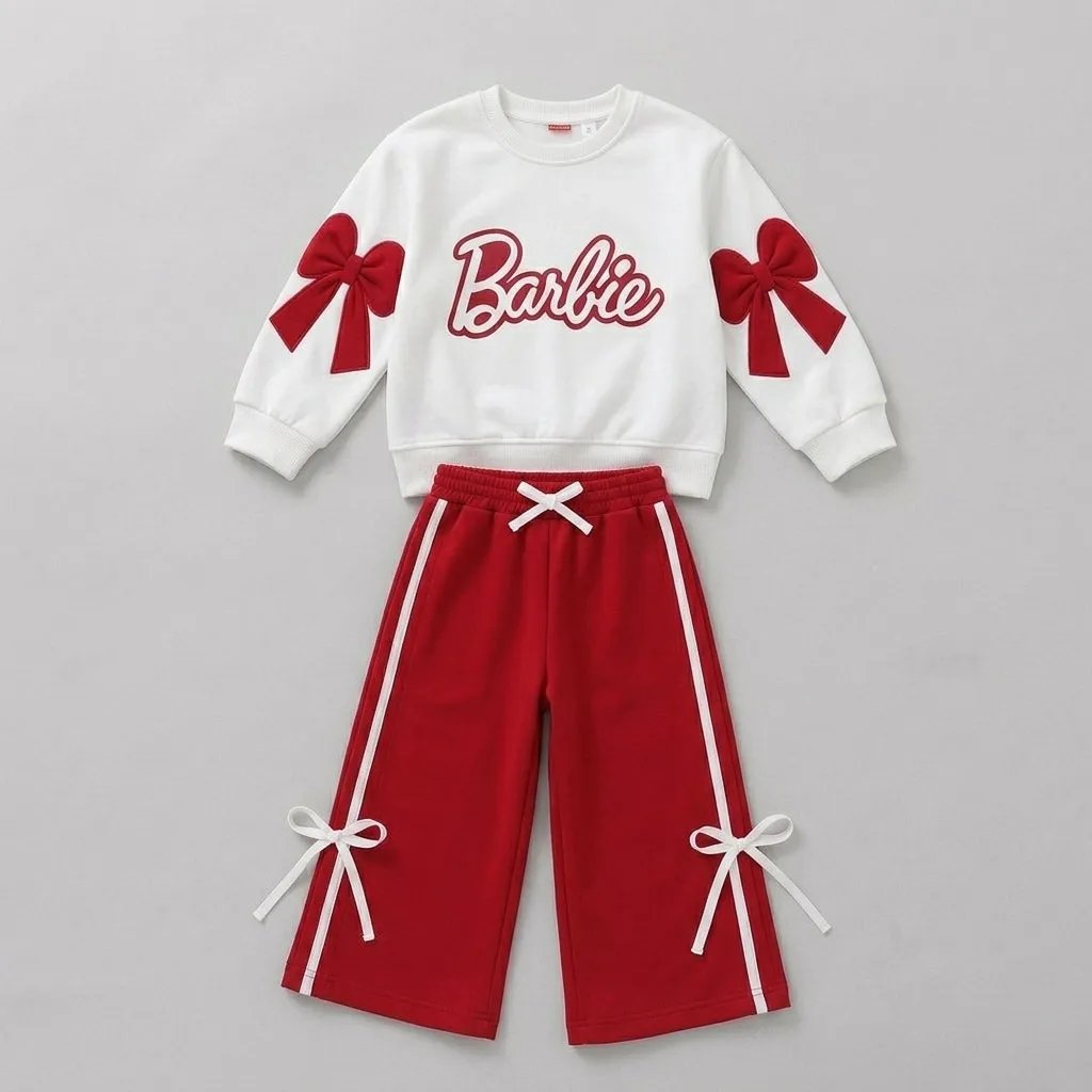 Terry White and Red Bow Tracksuit for Girls (136N)