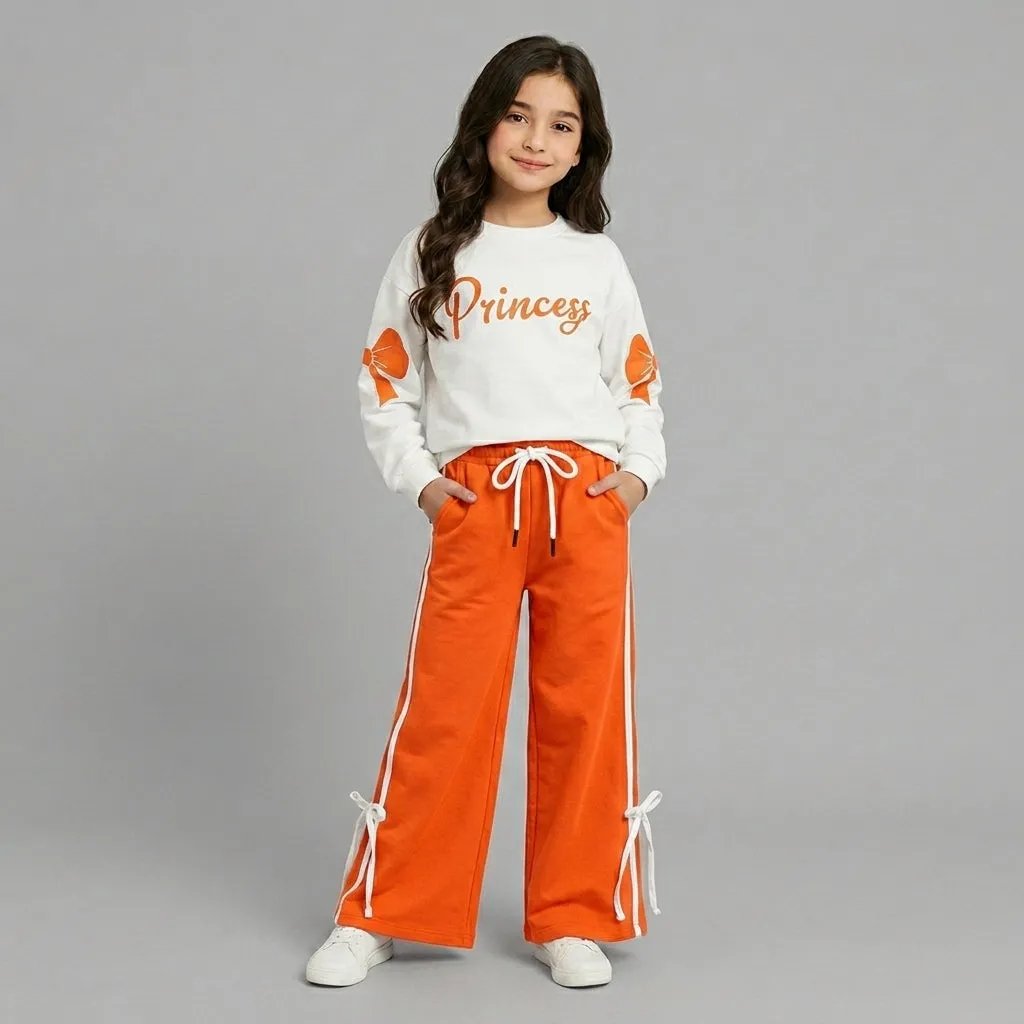 Terry White and Orange Princess Bow Tracksuit for Girls (145N)