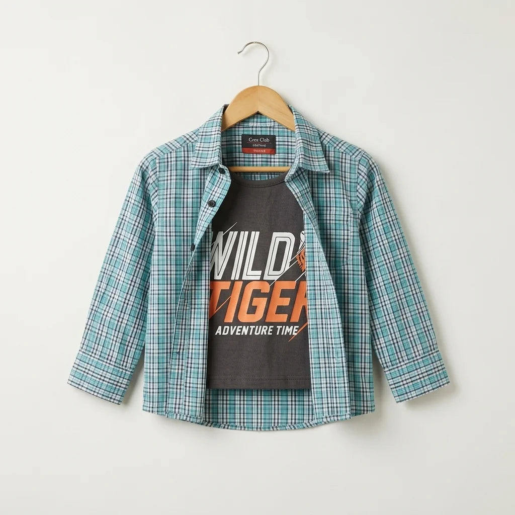 Wild Tiger Charcoal Grey Inner Full Sleeve Double Casual Shirt for Boys (158N)