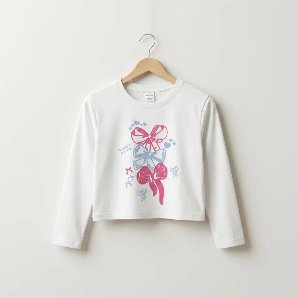 Short Length Bow Graphic Print Full Sleeve White T-Shirt Girls ( 152 N)