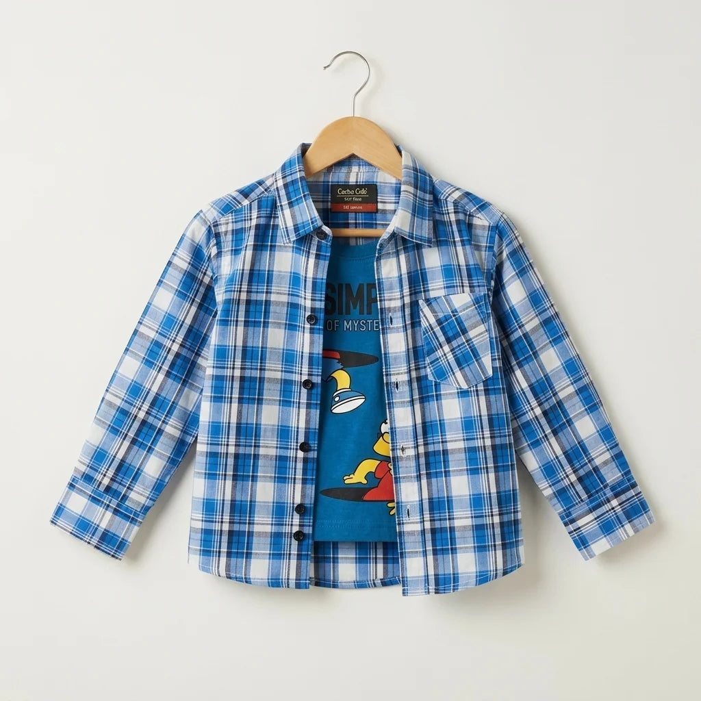 Simpsons Print Royal blue Inner Full Sleeve Blue Check Double Casual Shirt for Boys (158N)