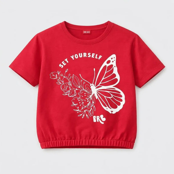 Short Length Butterfly Print red  T- Shirt- Girls (12N, 14N)