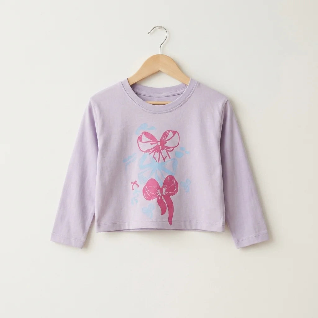 Short Length Ribbon & Bow Graphic Full Sleeve Lavender T-Shirt Girls ( 151 N)