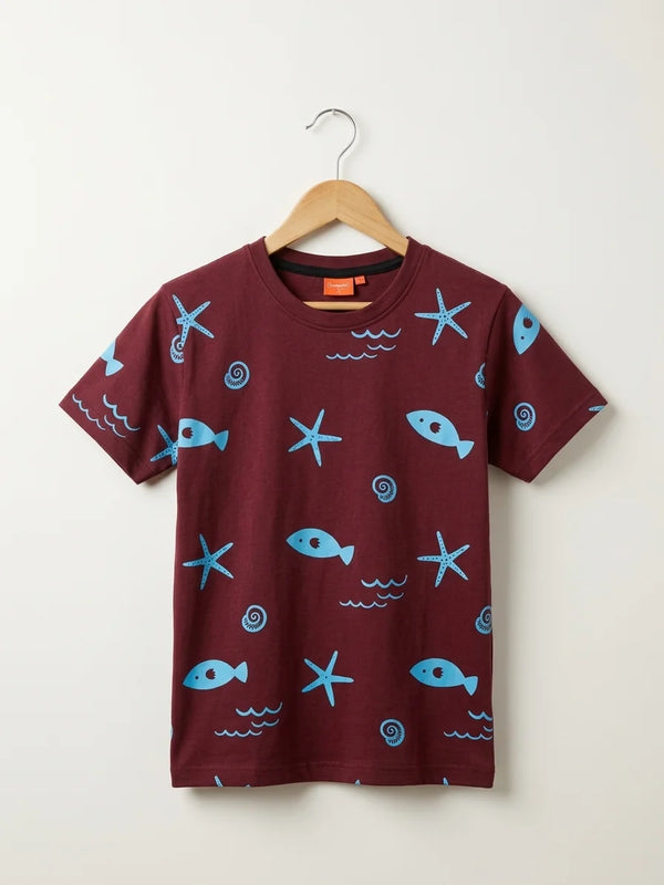 Ocean Printed Maroon T-Shirt For Boys (162 N)