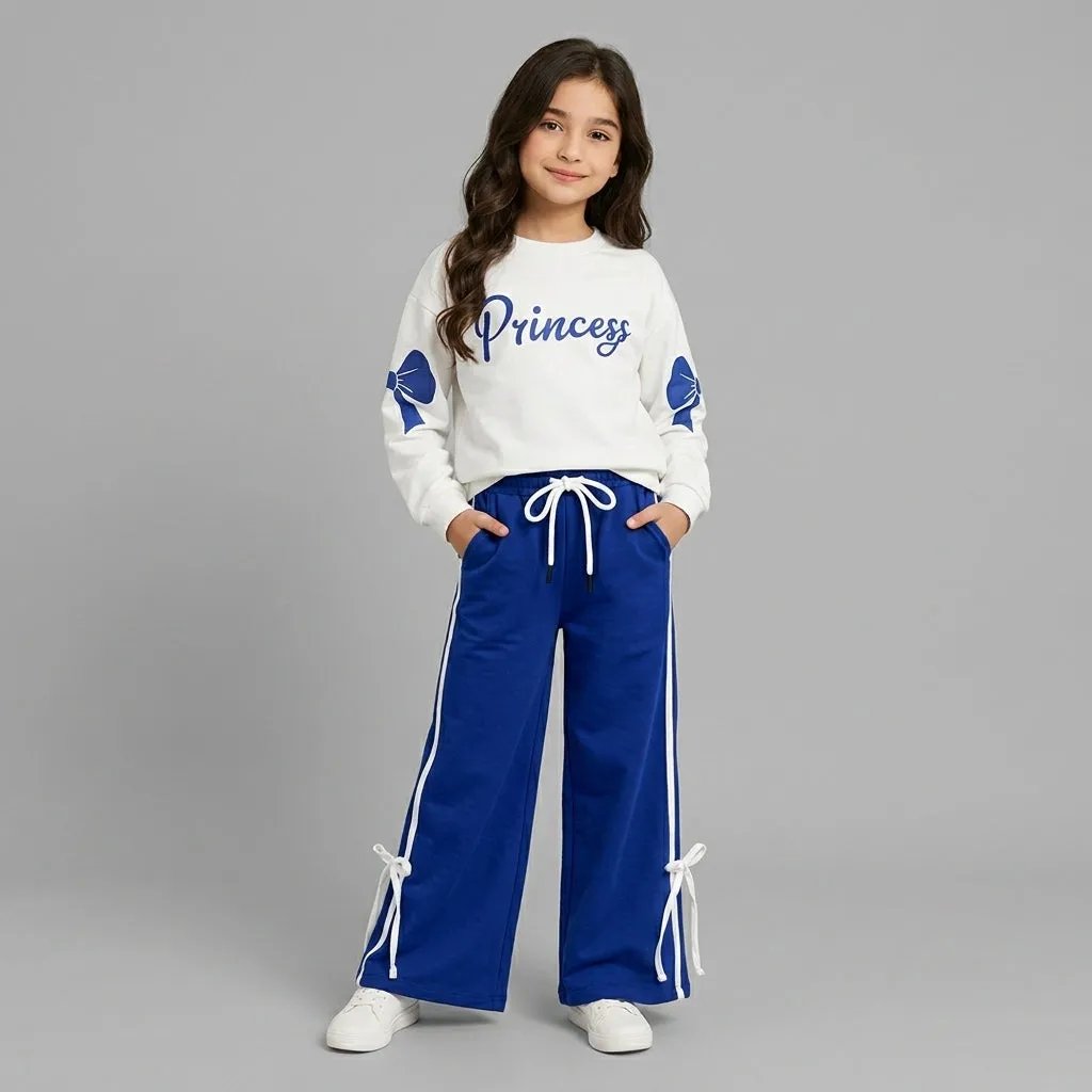 Terry White and Blue Princess Bow Tracksuit for Girls (138N)