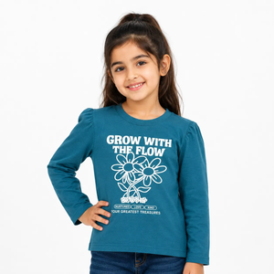 Dark teal full sleeve T-shirt for girls with floral print and "Grow with the Flow" graphic. Comfortable and stylish.