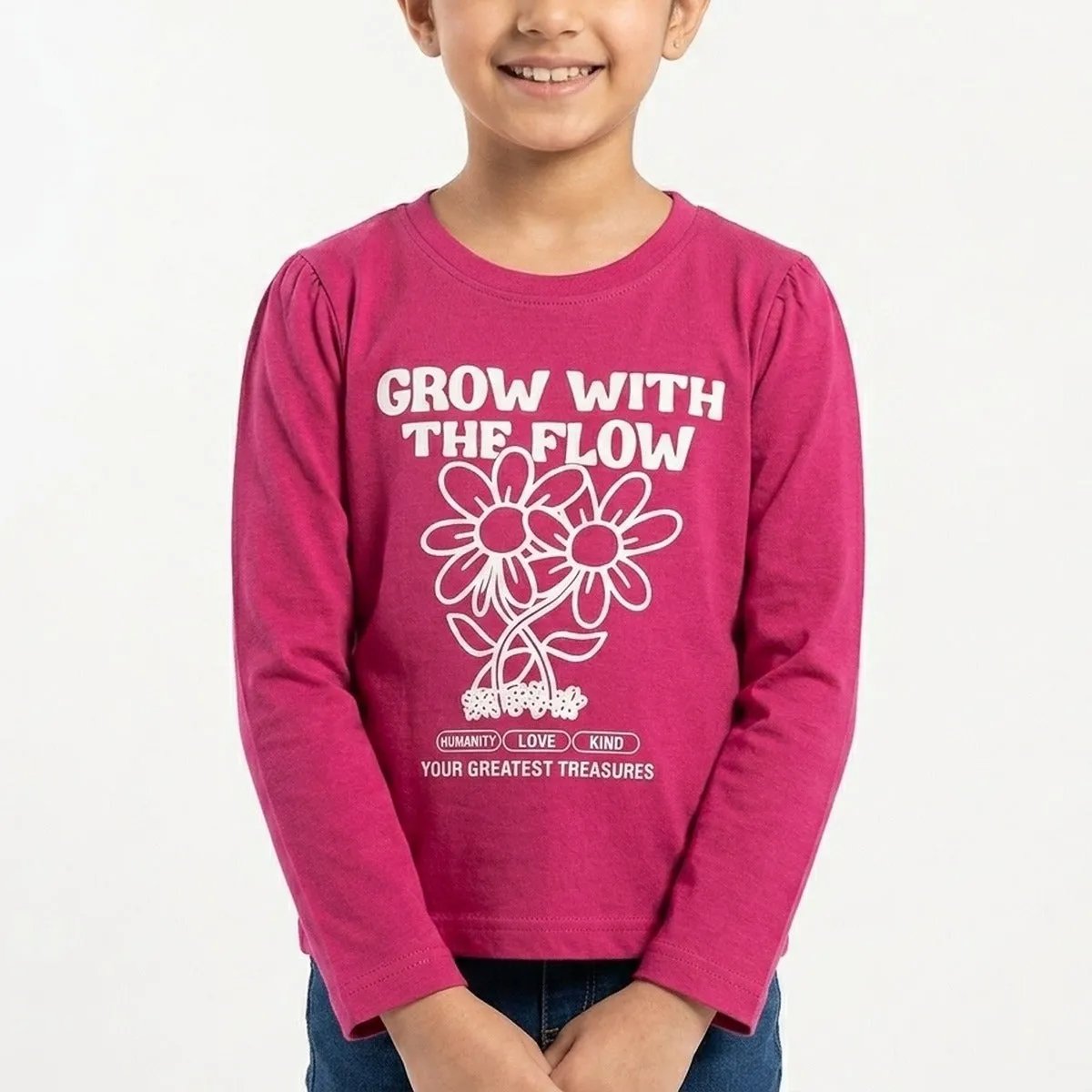 Magenta Floral Print Full Sleeve T-Shirt for Girls (149N)