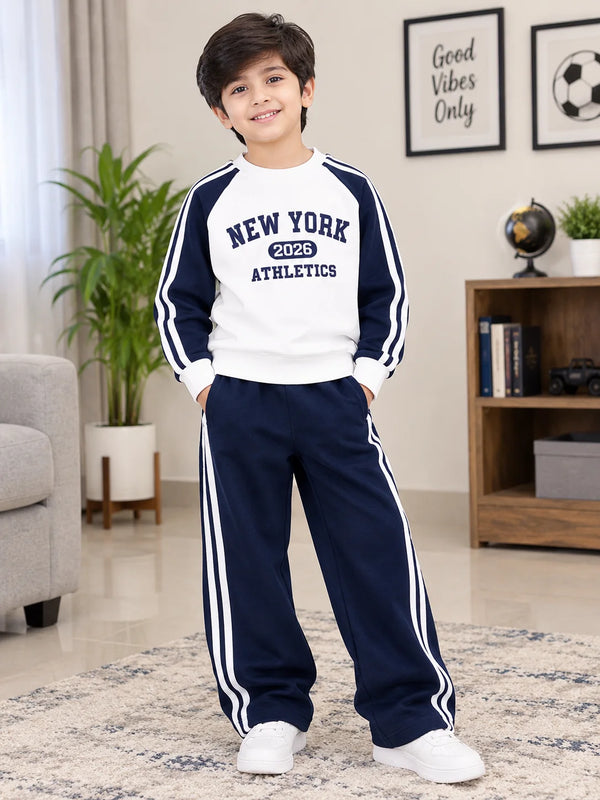 New York Athiletics Navy Blue & White Fleece Baggy Tracksuit for Boys (133N)
