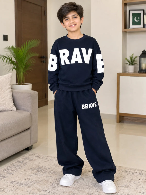 Brave Navy Blue Fleece Baggy Tracksuit for Boys (133 N)