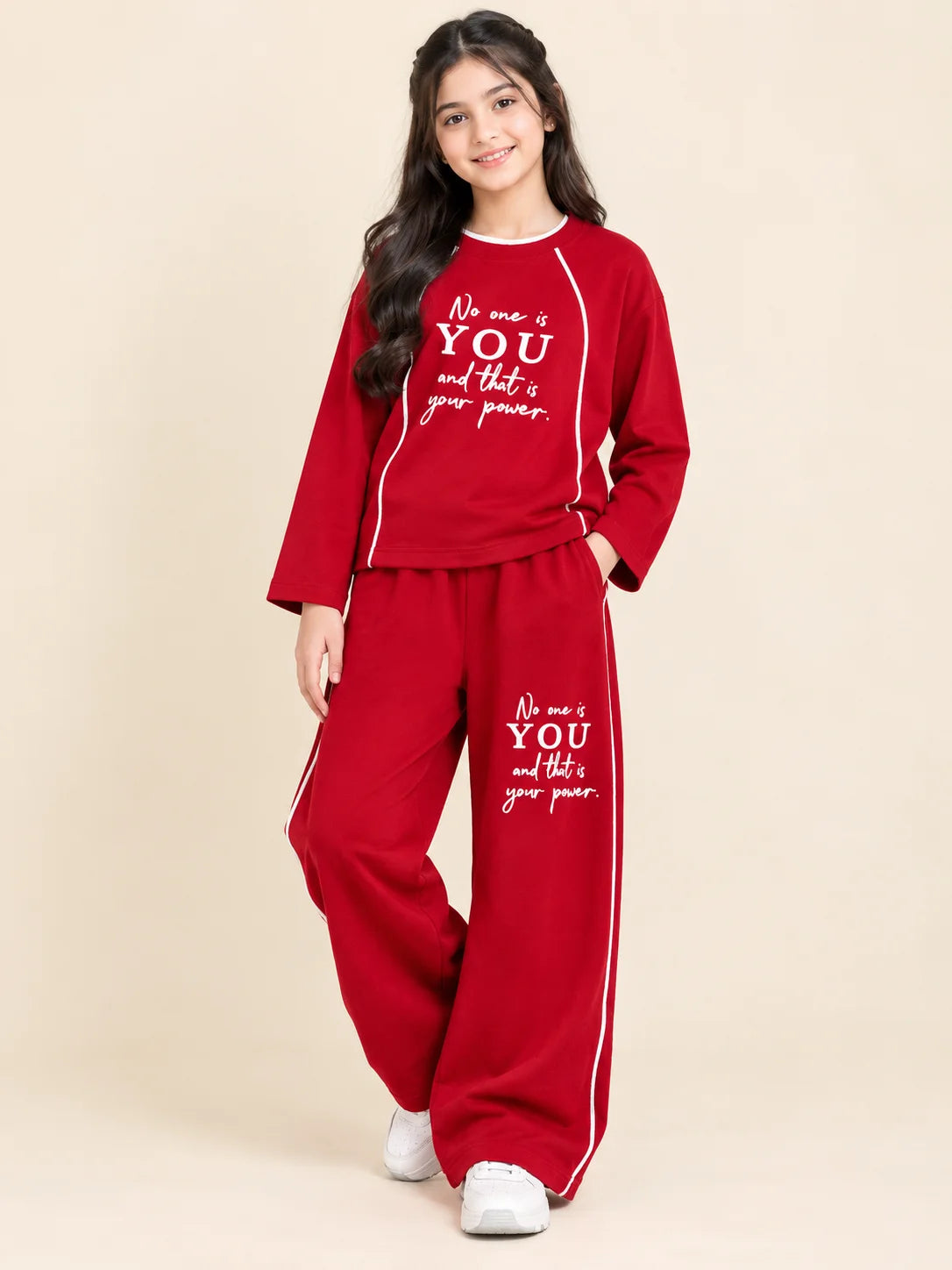 No One Is YOU Graphic Fleece Crimson Red Tracksuit for Girls (160 N)