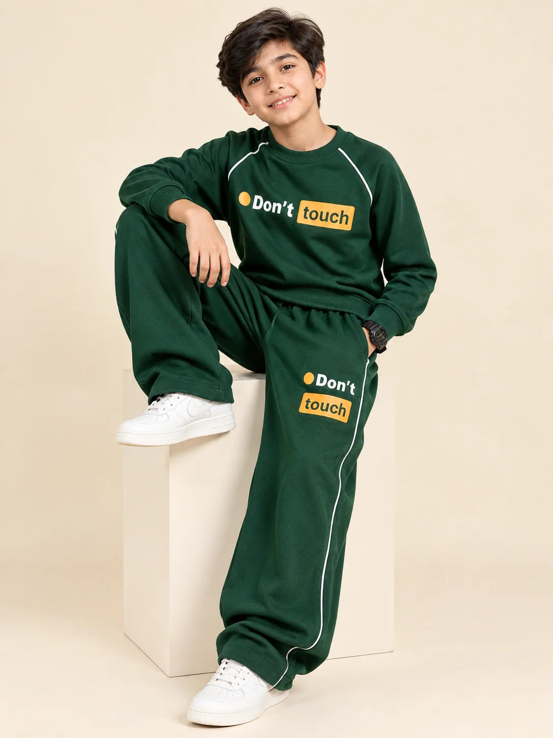 Don't Touch Graphic Fleece Green Tracksuit for Boys ( R-168 N)