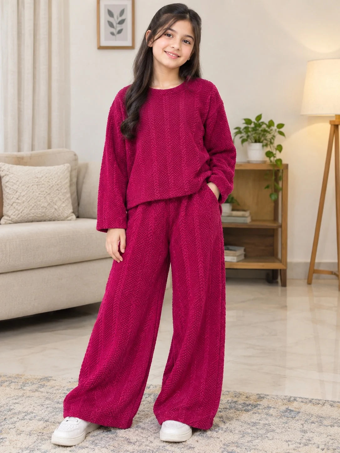 Magenta Textured Chevron Quilted Tracksuit for Girls ( R-167 N )