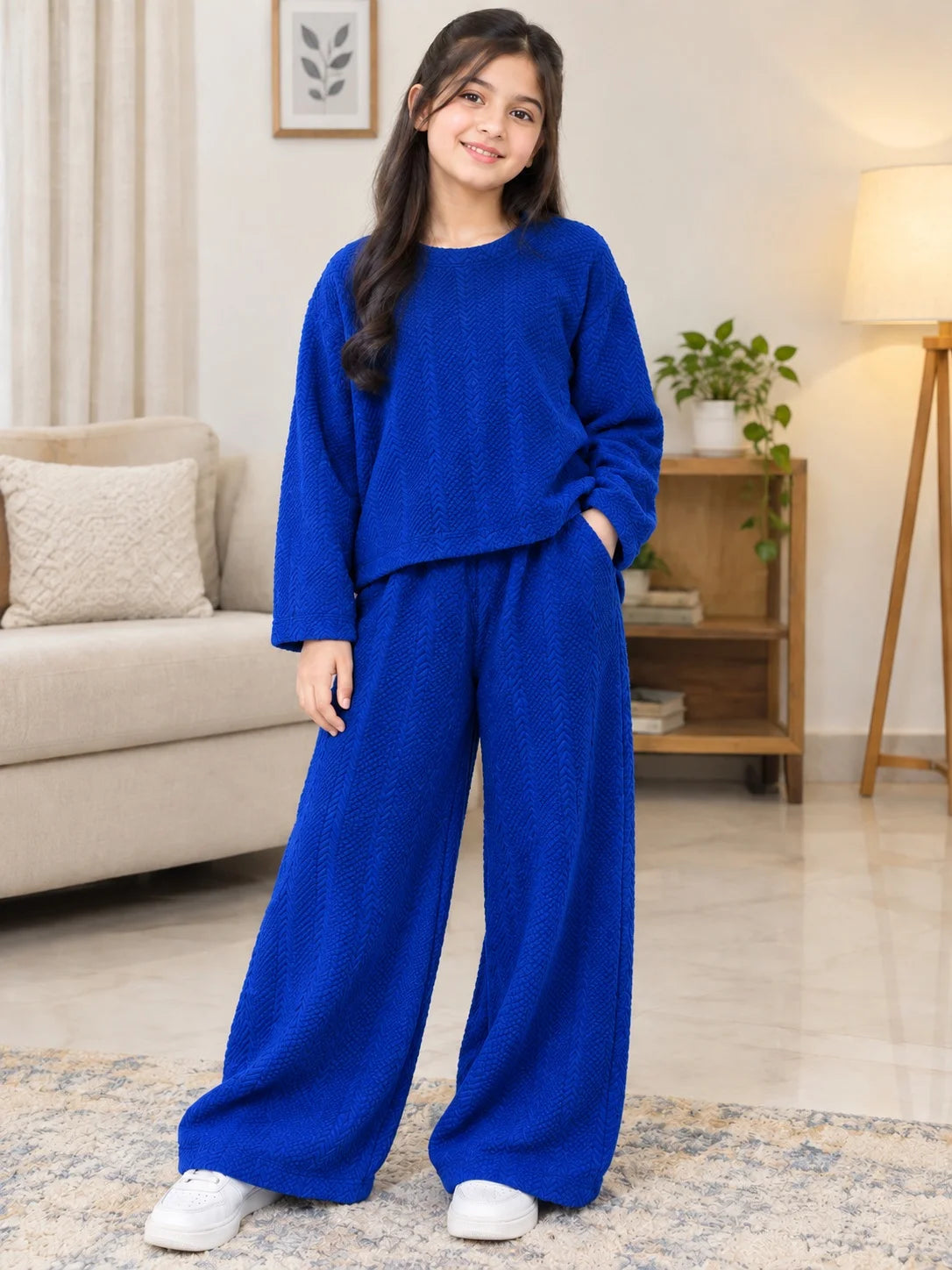 Royal Blue Textured Chevron Quilted Tracksuit for Girls ( R-168 N )