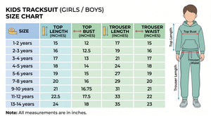 Kids tracksuit size chart for girls and boys with a measurement table and a body measurement diagram showing top length, top bust, trouser length, and trouser waist.