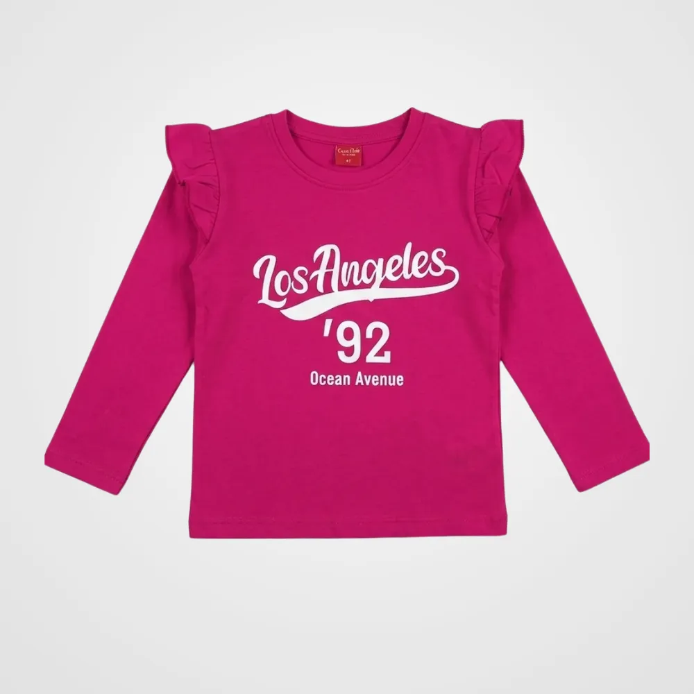 Magenta Ruffle Full Sleeve Graphic Tee for Girls (150N)