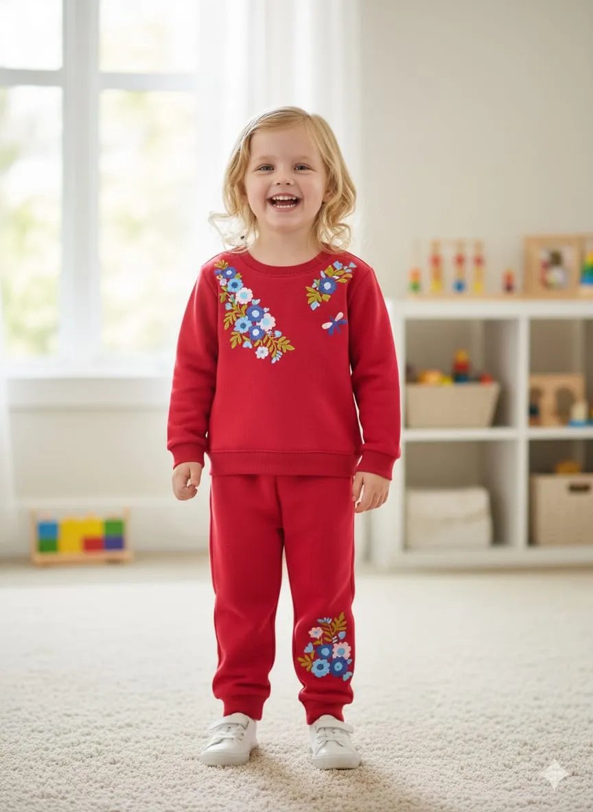 A young child wearing a matching red sweatshirt and jogger pants set with colorful floral embroidery, standing in a bright, modern playroom.