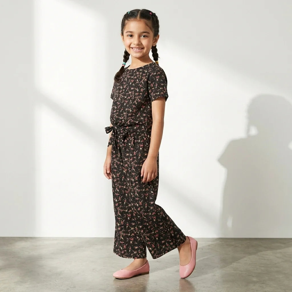 A young girl with braided hair stands in a studio wearing a dark floral print short-sleeve jumpsuit with a tie waist and pink flats.