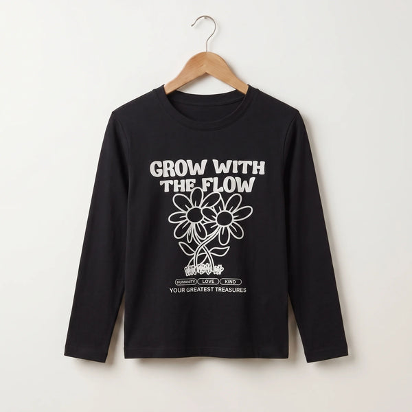 Grow With The Flow Print Full Sleeve Black T-Shirt for Girls (165 N)