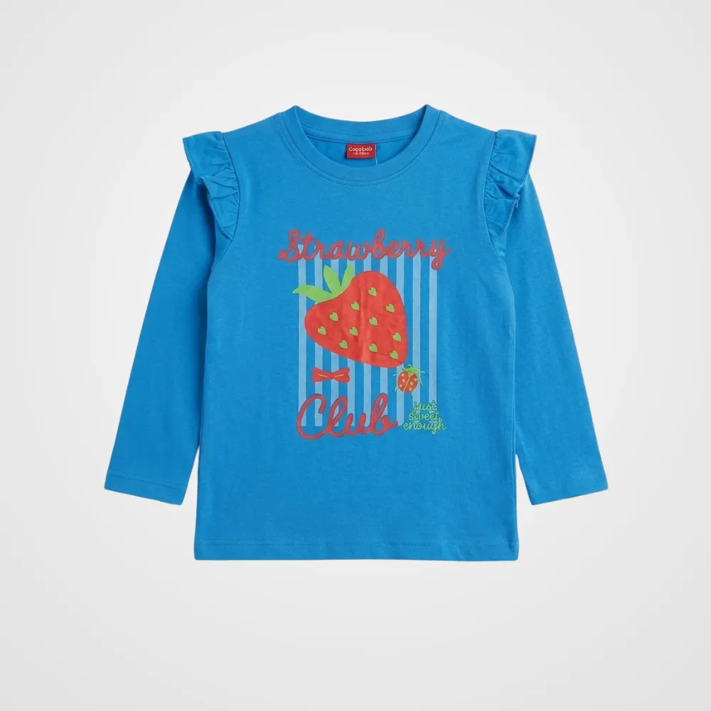 Blue Strawberry Graphic Ruffle Full Sleeve T-Shirt for Girls (150N)