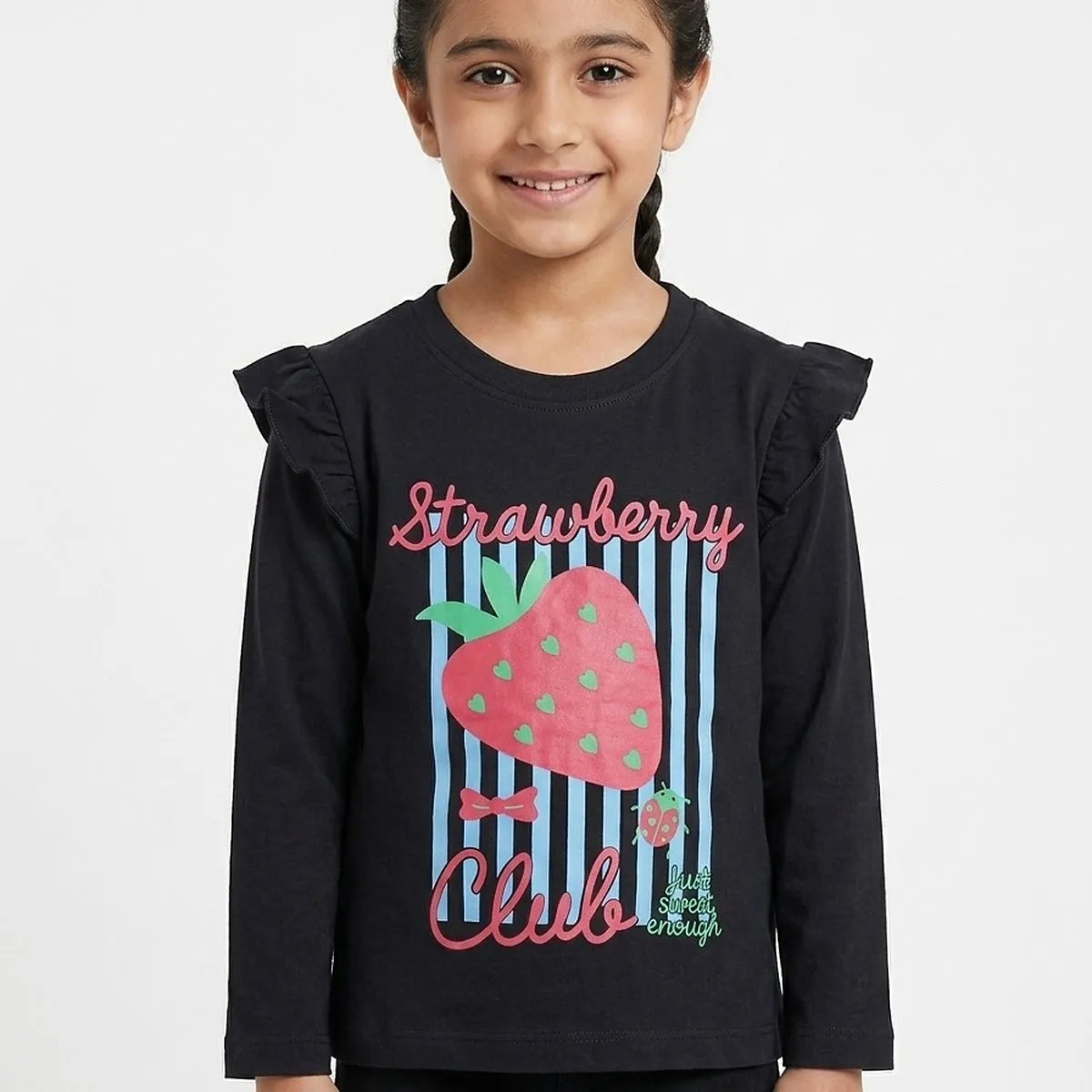 Black Strawberry Graphic Ruffle Full Sleeve T-Shirt for Girls (149N)
