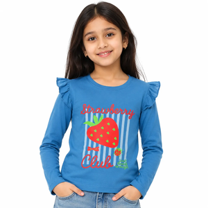 Blue full sleeve t-shirt for girls featuring a strawberry graphic and ruffle detailing. Perfect for casual wear.