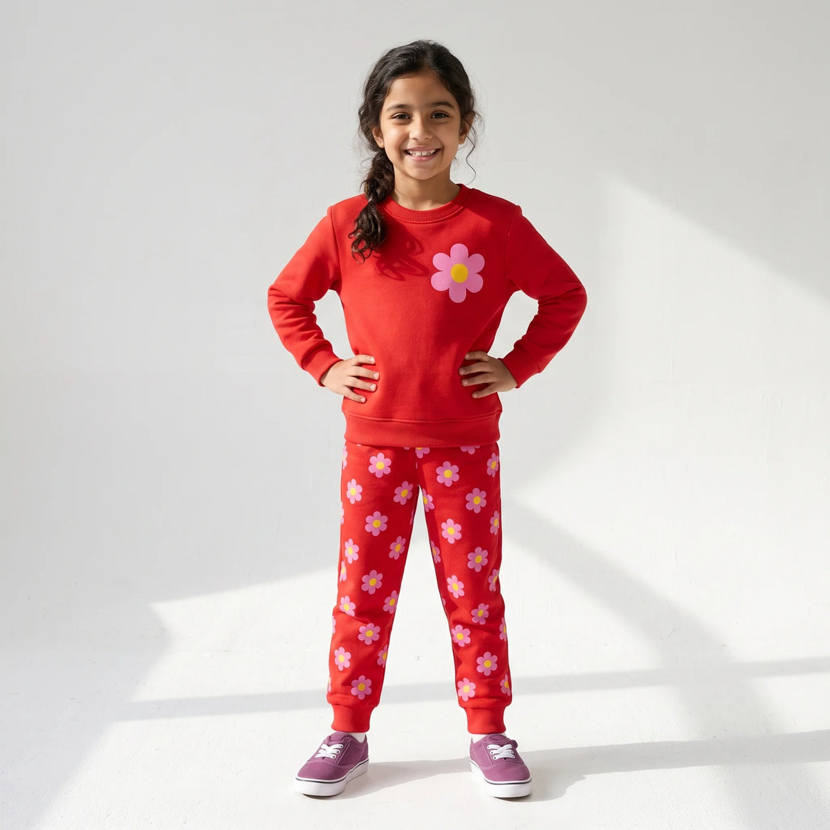 A young girl stands with hands on hips wearing a red sweatshirt with a pink flower applique and matching red joggers covered in a white floral pattern, paired with purple sneakers, against a white studio background with soft shadows.