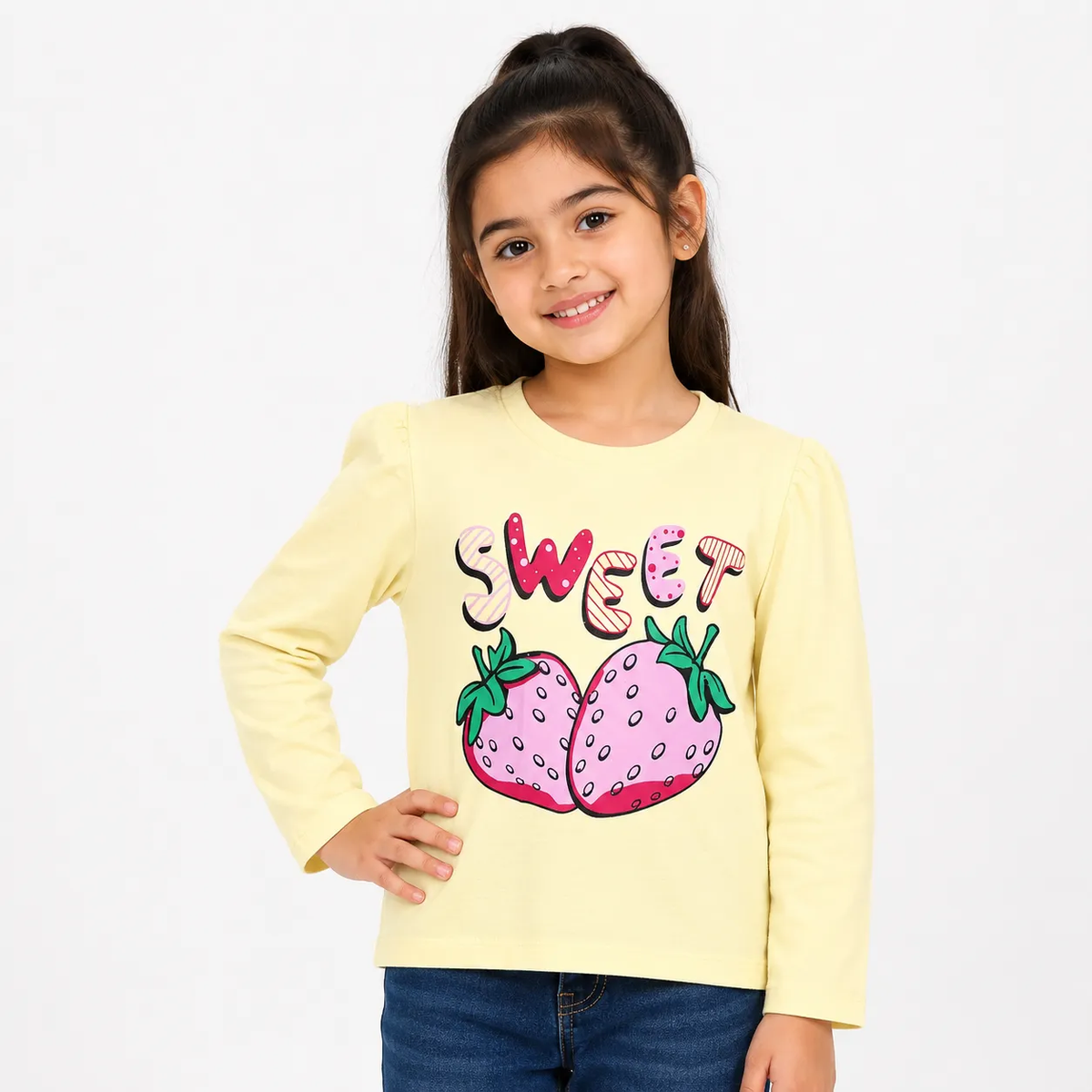 Light yellow full sleeve t-shirt for girls featuring a cute strawberry print and the word "SWEET."
